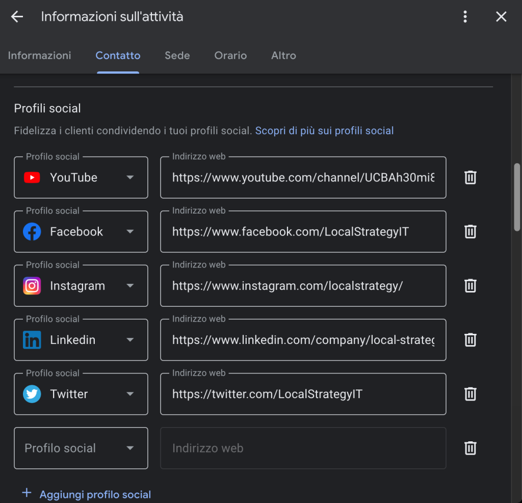 Profili Social su Google Business Profile