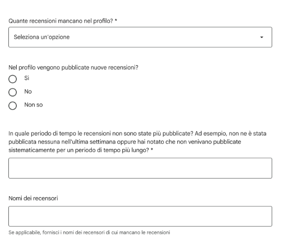 Recensioni mancanti - Modulo assistenza GBP