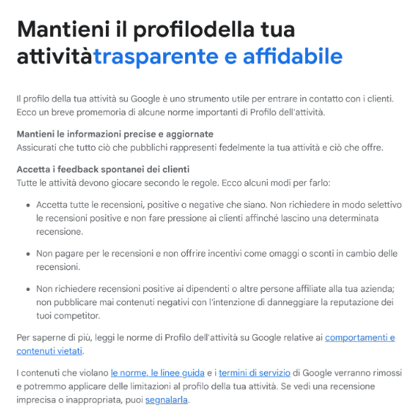 Notifica Google su attività trasparente e affidabile
